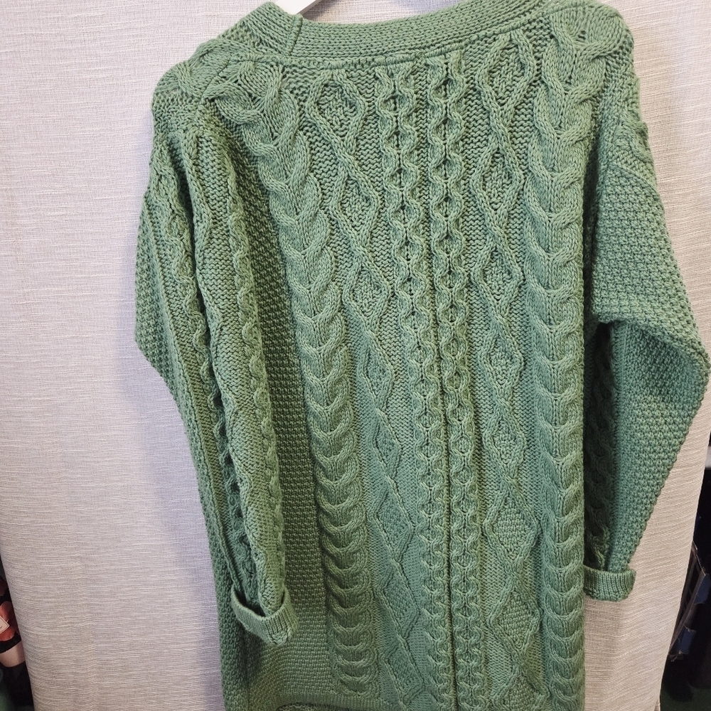 Aran crafts merino wool one button cable knit cardigan long  sweater Large - Picture 6 of 7